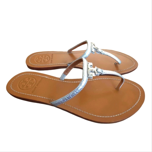 Tory Burch Silver Metallic Leather Strap T Logo Thong 7.5 - Picture 4 of 16